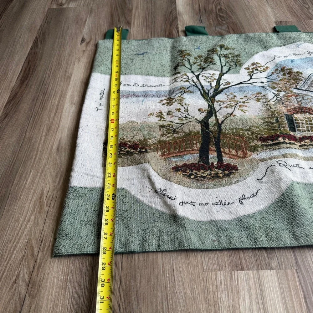 Vintage Woven Tapestry Wall Hanging Home Sweet Home Cottage Scene Green 35x26